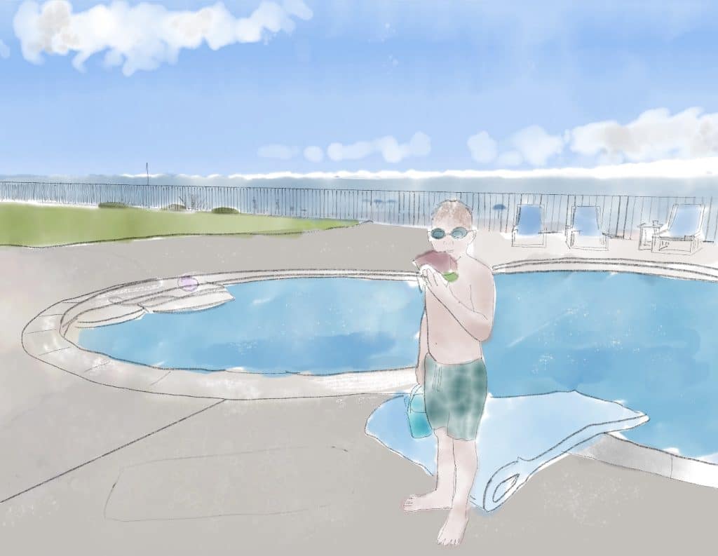 watercolor of kid standing by a pool eating watermelon