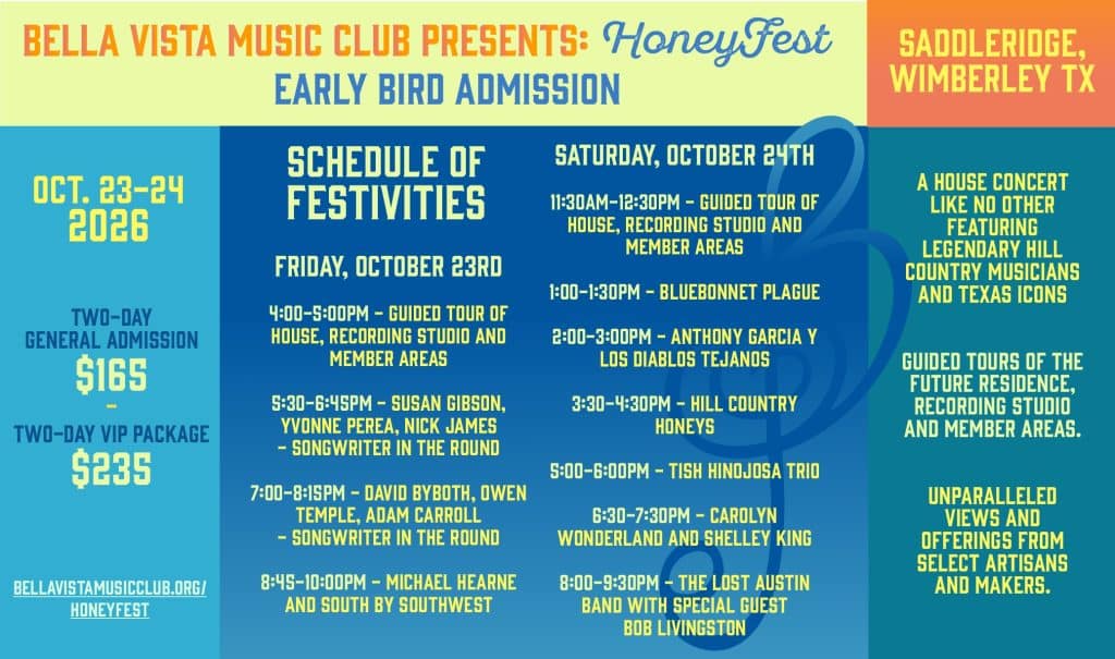 HoneyFest poster ā Bella Vista Music Club, Saddleridge, Wimberley TX, October 23-24, 2026, with the full two-day schedule of festivities