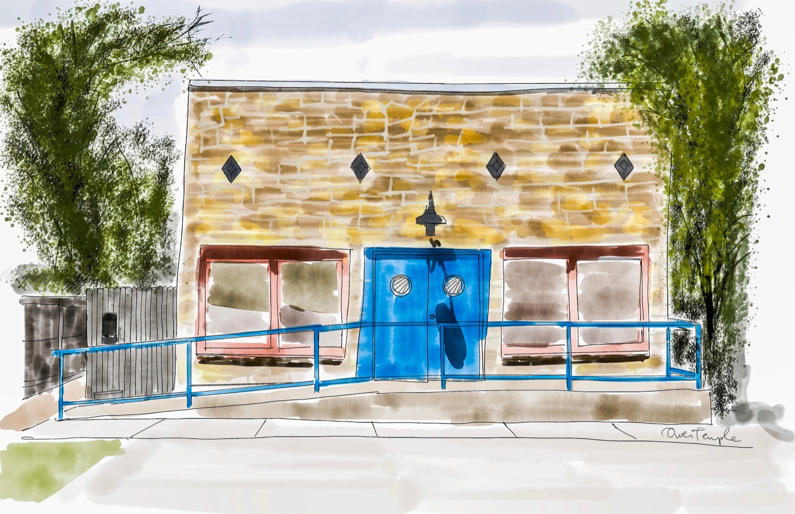 The Blue Door, Oklahoma City — a watercolor of the listening room's blue front doors