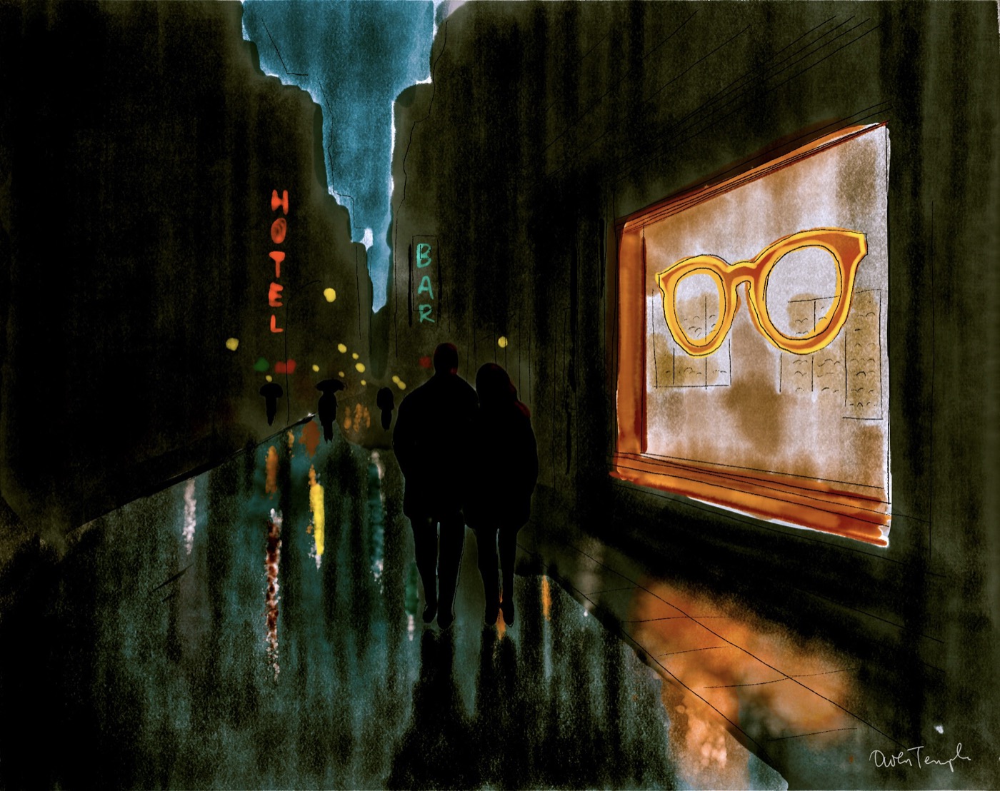 couple before eyeglasses sign, rainy street (uncaptioned; the single art)