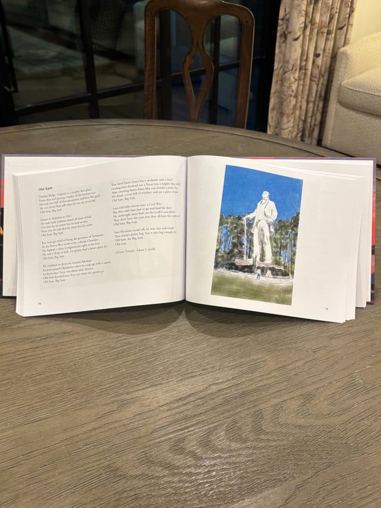 Watch It Shine open to Old Sam, beside a watercolor of the Sam Houston statue